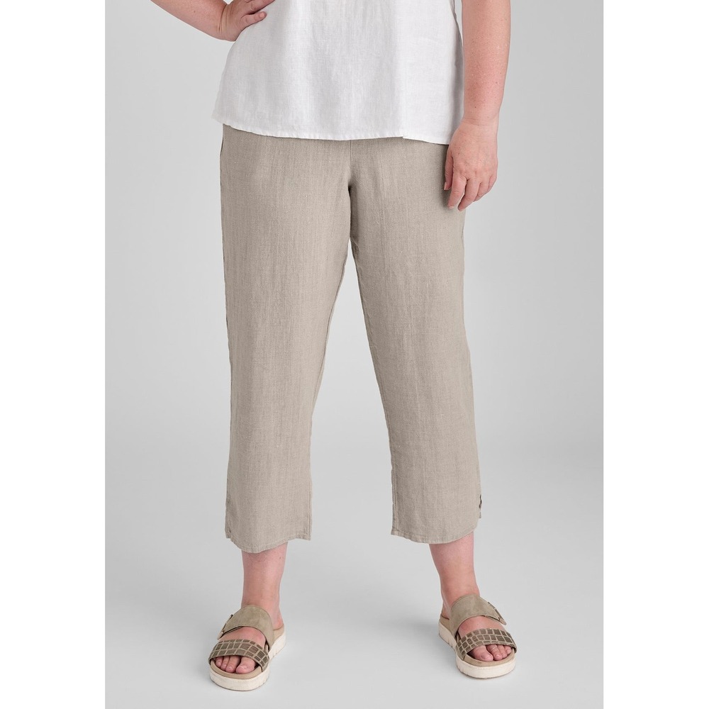 FLAX‎ Womens 100% Linen Cropped Pants Oatmeal Beige Elastic Waist Size